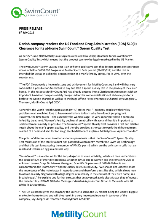 PRESS RELEASE - SwimCount™ Sperm Quality Test has received an FDA 510(k) Clearance